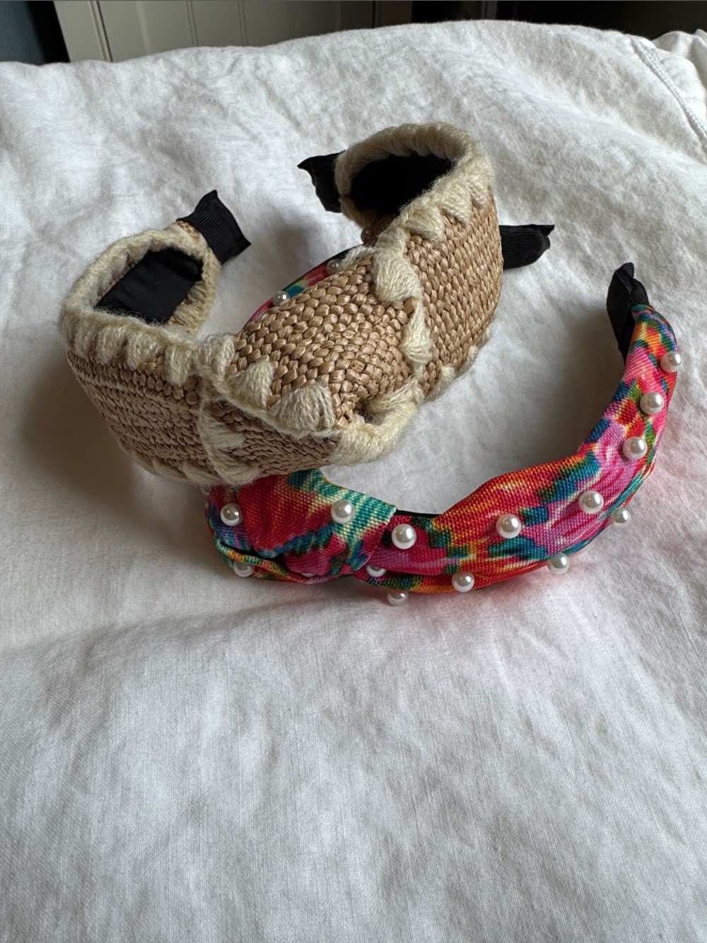 Woven Raffia Headband + Pearl-Studded Floral Headband - Set